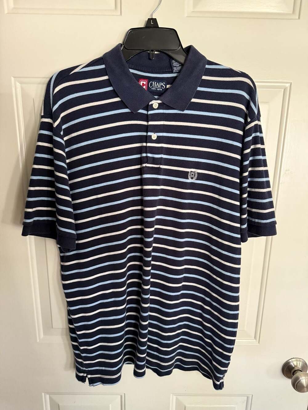 Chaps Men's Navy Blue Light Blue and White Striped Short Sleeve Polo Shirt